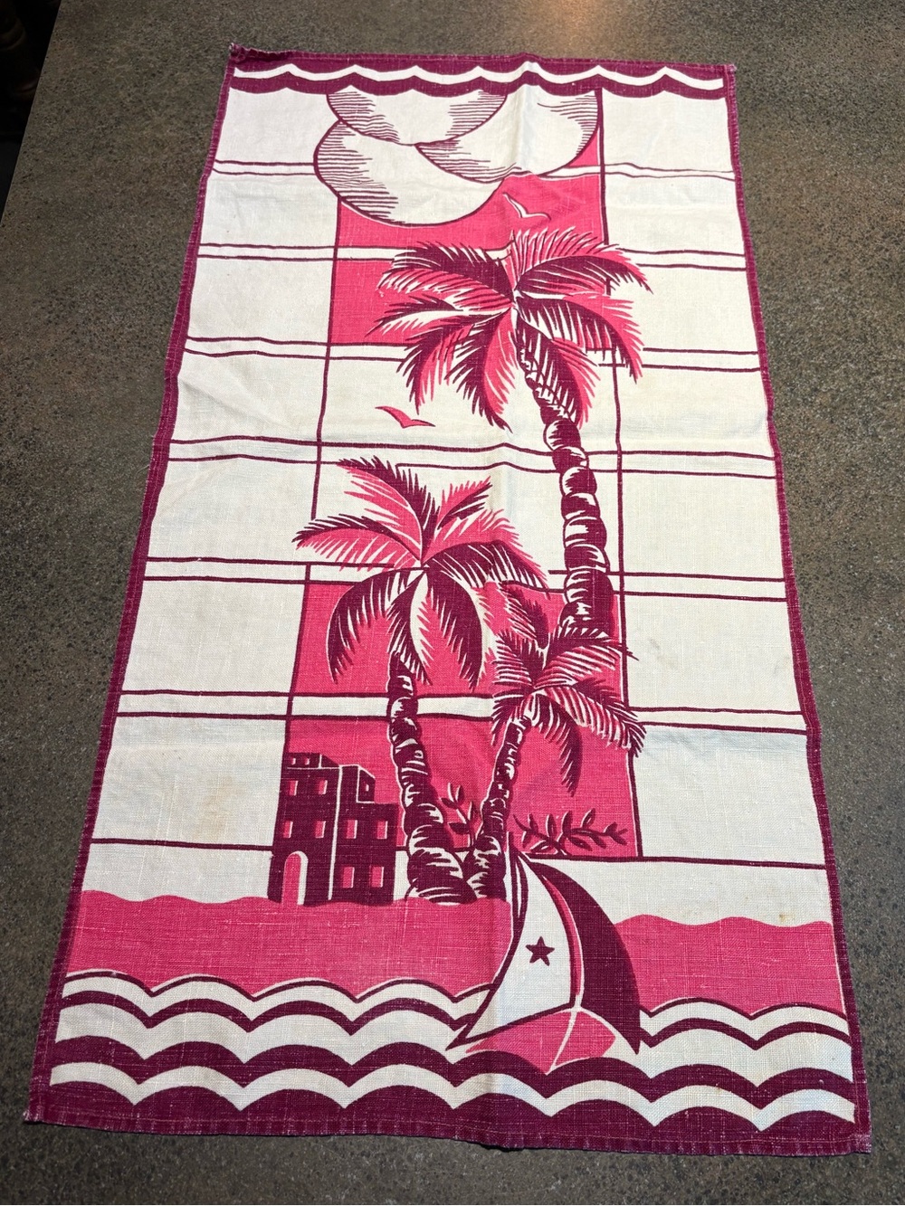 Bright, 100% Linen,  pinks and purple, vintage, beachy kitchen towel